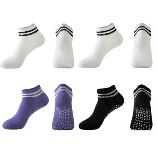 Anna-Kaci 4 Pairs Women's Ankle Grip Yoga Socks Soft Cotton Non-Slip Bottom Striped Cuff image {10}