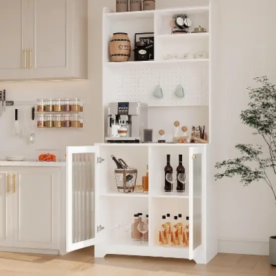 71" Kitchen Pantry Cabinet, Wooden Tall Sideboard Buffet Cabinet with Microwave Stand, Pegboard and Hutch, Pantry Storage Organizers Coffee Bar image {3}