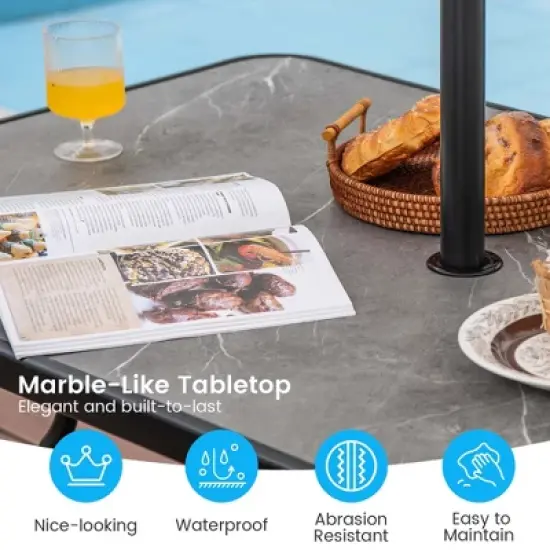 Costway Patio Rectangle Dining Table 49'' x 29.5'' Marble-Like Tabletop with Umbrella Hole image {5}