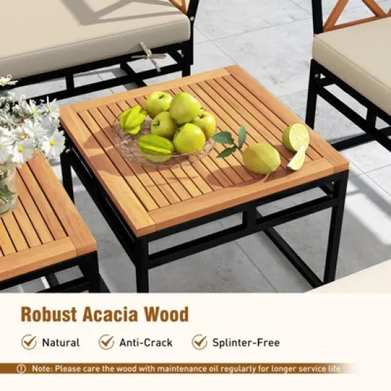 Tangkula Set Of 7 Outdoor Furniture Set Patio Acacia Wood Cushioned Sectional Sofa Set with Square Coffee Table and Ottomans image {3}