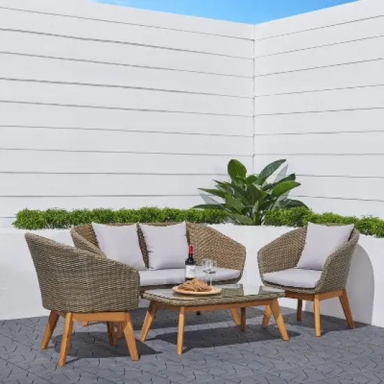 Grayton 4pc Rustic All-Weather Patio Wood and Wicker Conversation Set - Light Gray - Vifah image {1}