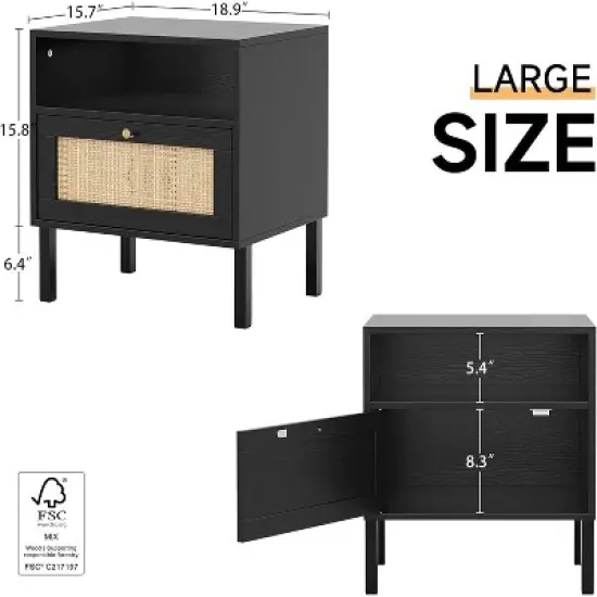 Angel Sar Rattan Nightstands Set of 2, Accent End Table, Boho Bedside Table with 1 Hand Made Decorated Door for Living Room, Bedroom image {2}