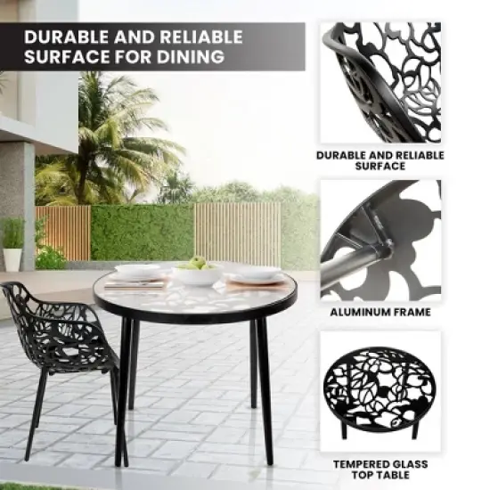 LeisureMod Devon 3-Piece Aluminum Patio Dining Set - Glass Top - Stackable Chairs image {1}
