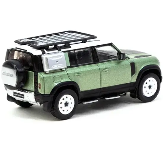 Land Rover Defender 110 with Roof Rack Light Green Metallic with White Top 1/64 Diecast Model Car by Tarmac Works image {2}