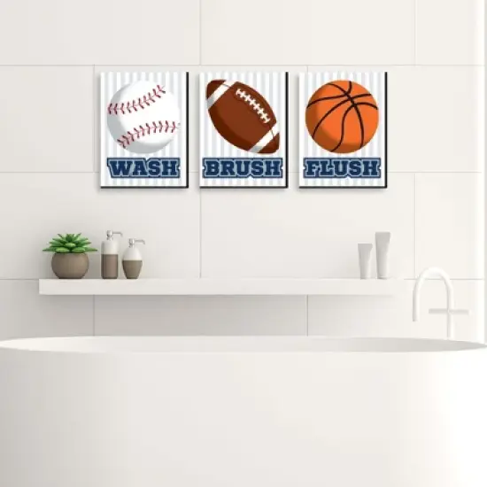 Big Dot of Happiness Go, Fight, Win - Sports - Kids Bathroom Rules Wall Art - 7.5 x 10 inches - Set of 3 Signs - Wash, Brush, Flush image {1}