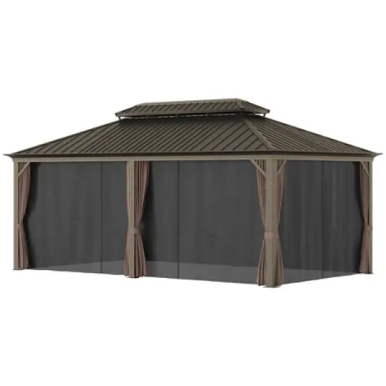 Outsunny Patio Gazebo 12' x 20', Netting & Curtains, 2 Tier Double Vented Steel Roof, Hardtop, Ceiling Hooks, Rust Proof Aluminum, Brown image {3}
