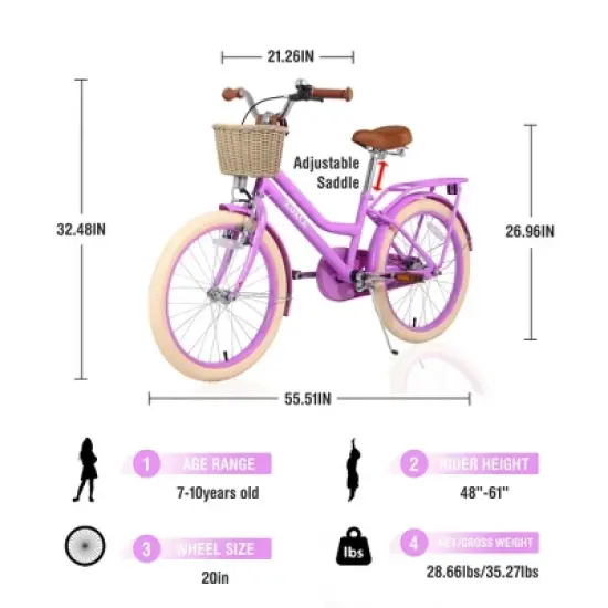 NAYSAYE Girls Bike 20 Inch for Kids 7 to 10 Years Old with Durable Steel Frame for Outdoor Adventures, Purple, 55.51"*21.26"*32.48" image {4}