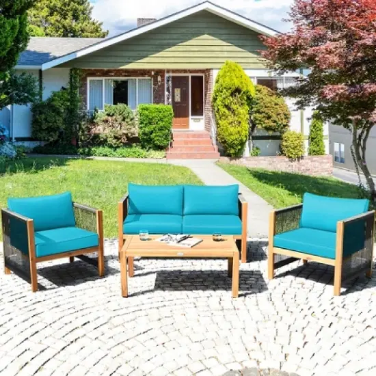 Costway 4PCS Wooden Patio Furniture Set Cushioned Sofa W/Rope Armrest White\Turquoise\Red image {10}