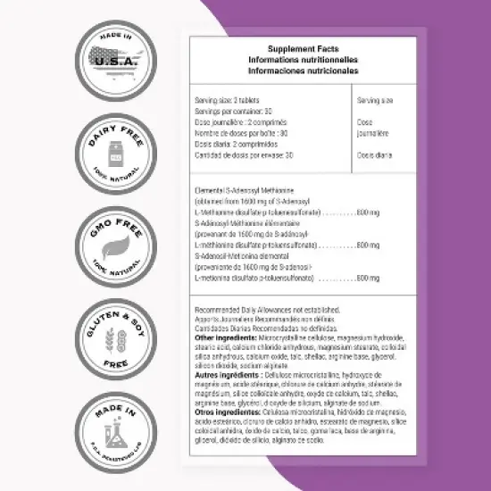 SuperSmart SAM-e 400mg (80% Active Isomer S,S) - Advanced S-Adenosyl Methionine SAM-e Supplement | Non-GMO & Gluten Free - 60 Enteric Coated Tablets image {2}