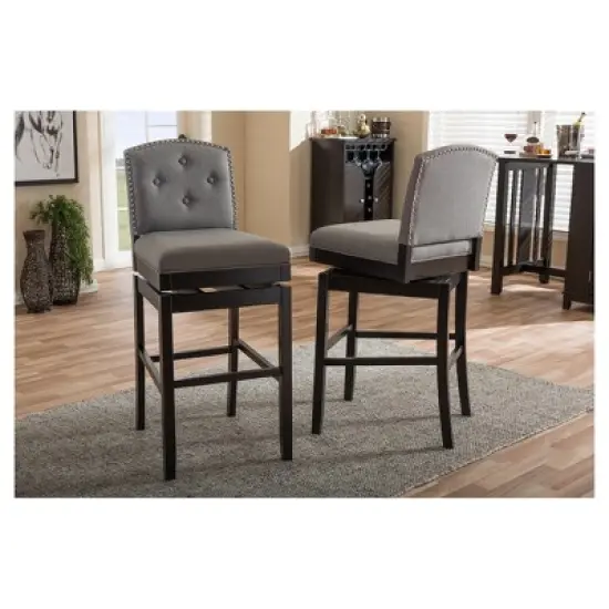 Set of 2 Ginaro Modern and Contemporary Fabric Button Tufted Upholstered Swivel Barstools - Gray - Baxton Studio image {3}