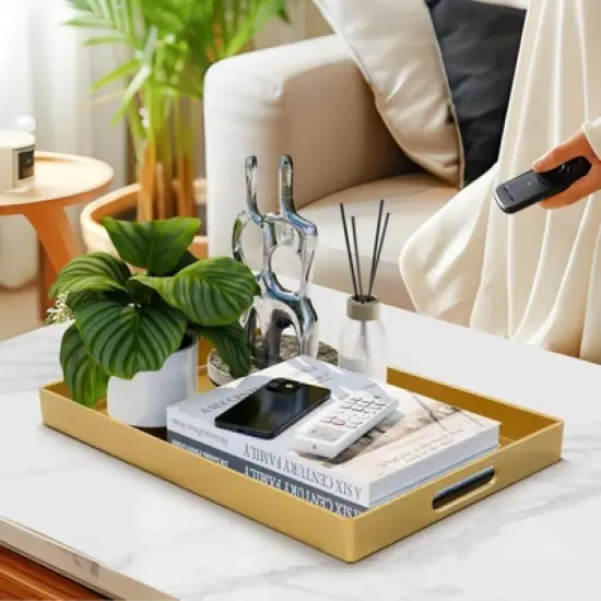 Attop Gold Decorative Tray for Coffee Table Modern Handled Plastic Ottoman Tray 15.8x10.2x1.4inch Bathroom & Living Room Decor image {3}