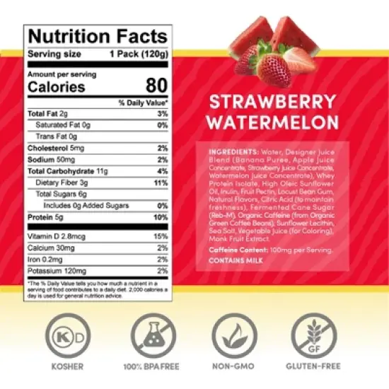 Designer Wellness Energy Smoothie, Real Fruit, 100mg Natural Caffeine, 5g Protein, Zero Added Sugar, Gluten-Free, Strawberry Watermelon, 12 Count image {4}