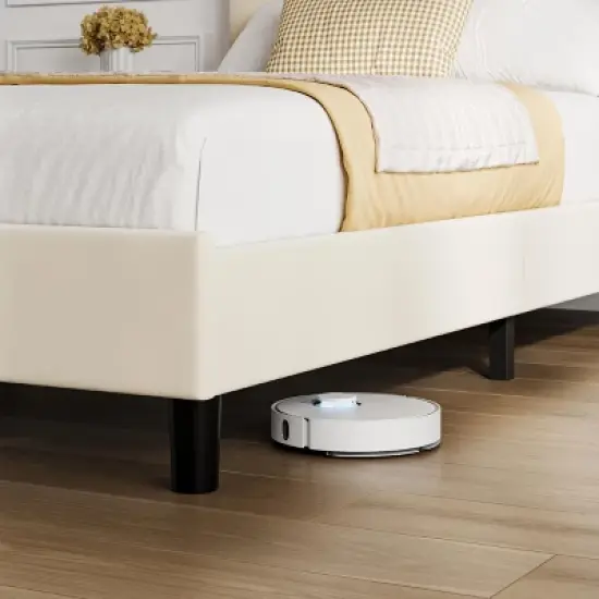 Bed Frame, Upholstered Full Size with Adjustable Headboard - Velvet Tufted Platform Bedframe, No Box Spring Needed, Beige image {3}