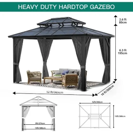 10' x 12' Hardtop Gazebo, Metal Gazebo Aluminum Frame Double Galvanized Steel Roof Curtains and Netting Included Pergolas for Patios Garden Parties image {2}