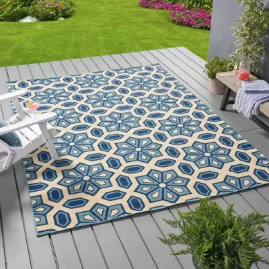 8' x 11' Tegan Geometric Outdoor Rug Ivory/Blue - Christopher Knight Home image {2}