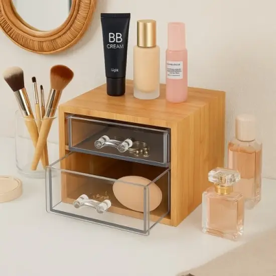 Bamboo Makeup & Jewelry Organizer with 2 Clear Acrylic Drawers, Nonslip Cosmetic Storage Box, Durable Organizer for Cosmetics, Skincare, & Jewelry image {1}