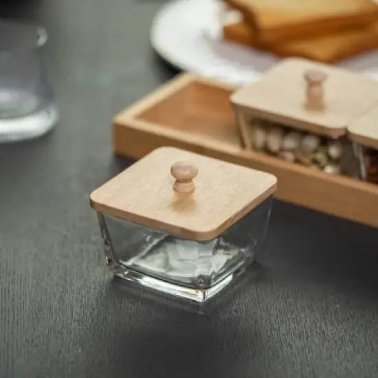 Basicwise Glass Jars with Bamboo Lids and Wooden Tray &ndash; Rectangular Charcuterie, Snack Organizer and Fruit Platter for Party, Candy Jars,and Cookies image {8}