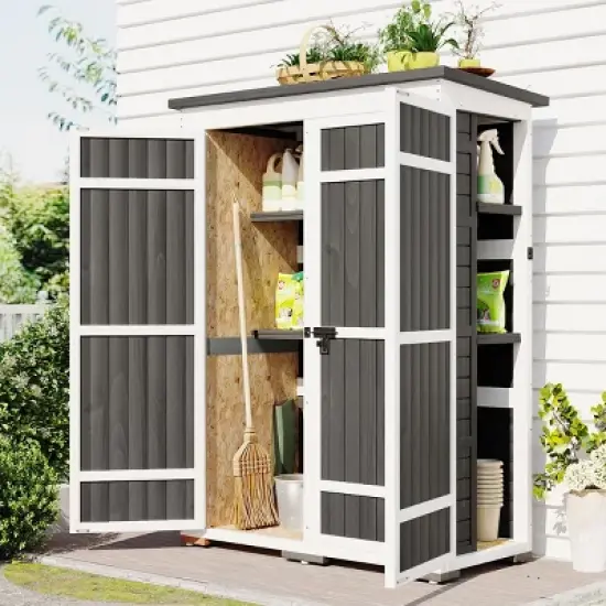 Coolbibila-Wood Storage Shed, Garden Tool Cabinet With Waterproof Roof, Garden Workstation With Four Lockable Doors And Multiple-Tier Shelves image {2}