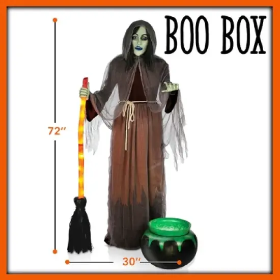 BOO BOX  6ft Halloween Animatronic Witch with Cauldron, Outdoor Halloween Decoration with Moving Mouth, Hand, Broom, Sound and Motion Activated image {5}