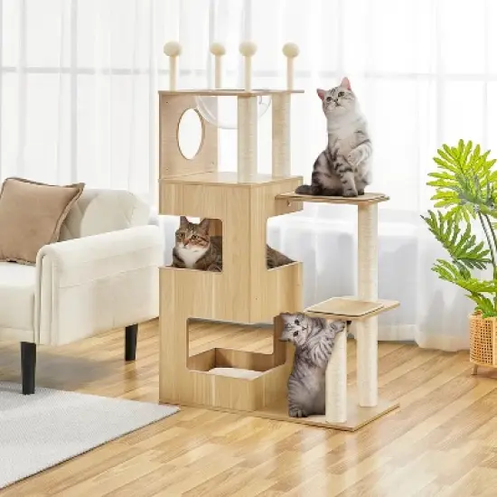 Yaheetech 53inch Wooden Cat Tree Tower with Condo, Wood image {1}