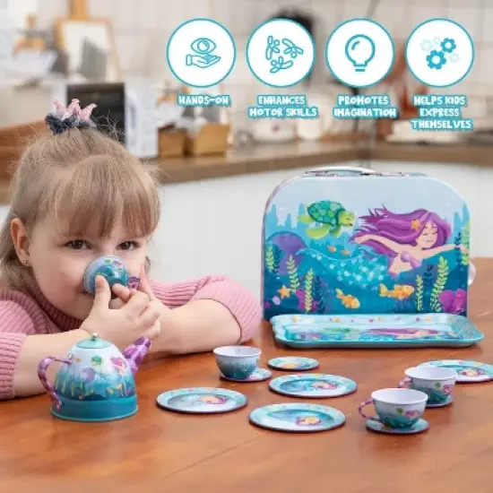 Joyfy Kid Tea Set, Mermaid Tea Party Set for Girls, Princess Pretend Play Tin Teapot Set Kitchen Toy for Girls Toddlers 2 3 4 5 6 Years Old image {6}