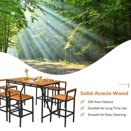 Costway 7PCS Patio Rattan Bar Set Acacia Wood Frame Stools Table Umbrella Hole image {6}