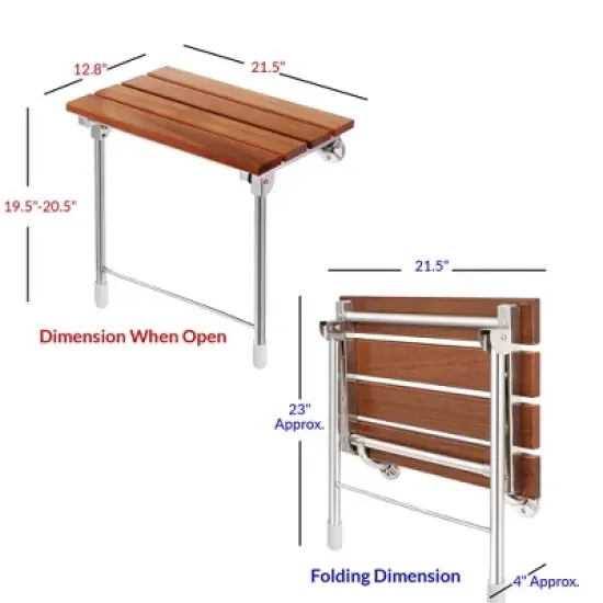 Home Aesthetics Foldable 21.5" Teak Wood Shower Seat Bench with Supporting Legs Wall Mounted image {3}
