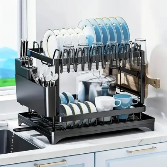 Fortune Candy 11.41'' Tall 2 Tier Dish Drying Rack, Large apacity, Black image {1}
