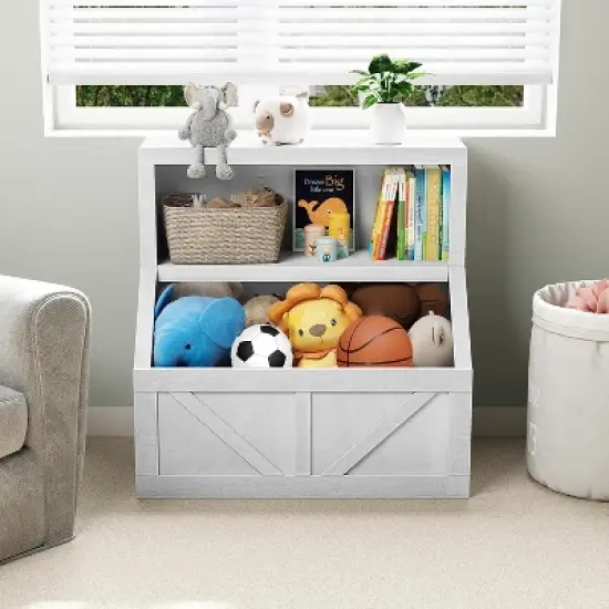 Acekool Kids Bookshelf and Toy Storage, 2-Tier Organizer with Lower Cabinet, Toddler Bookcase for Bedroom, Playroom, Classroom, Vintage White image {5}