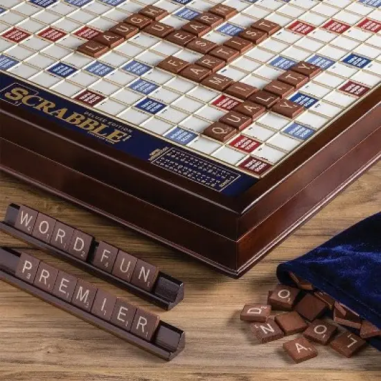 WS Game Company Scrabble Deluxe Edition Board Game with Rotating Wooden Game Board image {2}