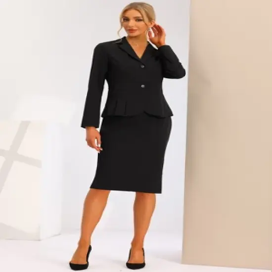 Allegra K Business 2 Piece Suit Set for Women's Long Sleeve Notched Lapel Peplum Blazer Pencil Skirts image {3}