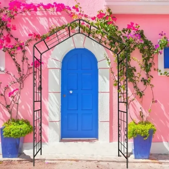 Lirago Black Metal Garden Arch-Galvanized Iron Trellis Rose Arch Outdoor Garden Decor with Gate Design 16.92"Dx94.48"Hx56.29"W image {2}