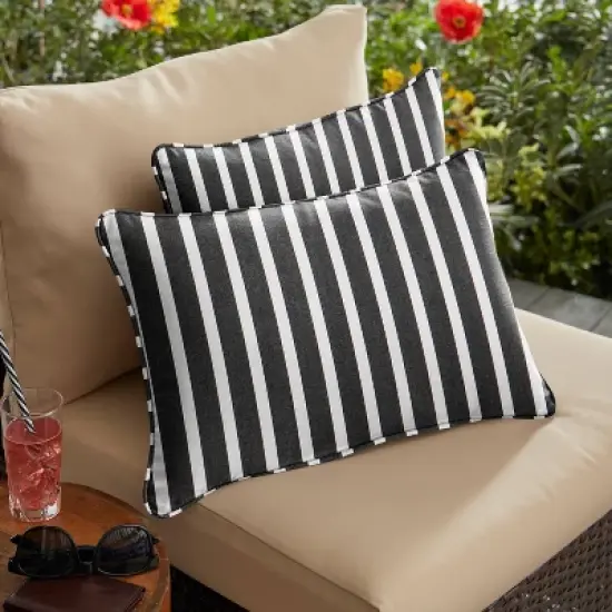 2pk Rectangle Sunbrella Stripe Indoor Outdoor Corded Throw Pillows Black/White image {1}