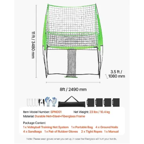 VEVOR Volleyball Training Net System, Freely Height-Adjustable Practice Equipment with Ball Return, 8x11ft Portable Net Station, Black&Green image {7}
