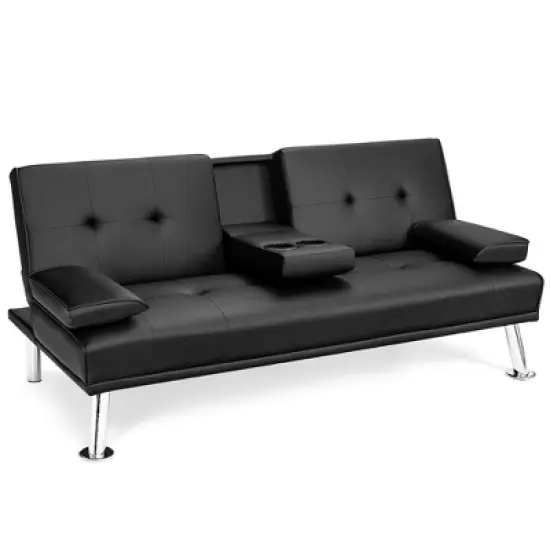 Costway Convertible Folding Futon Sofa Bed Leather w/Cup Holders&Armrests White\Black\Brown image {9}