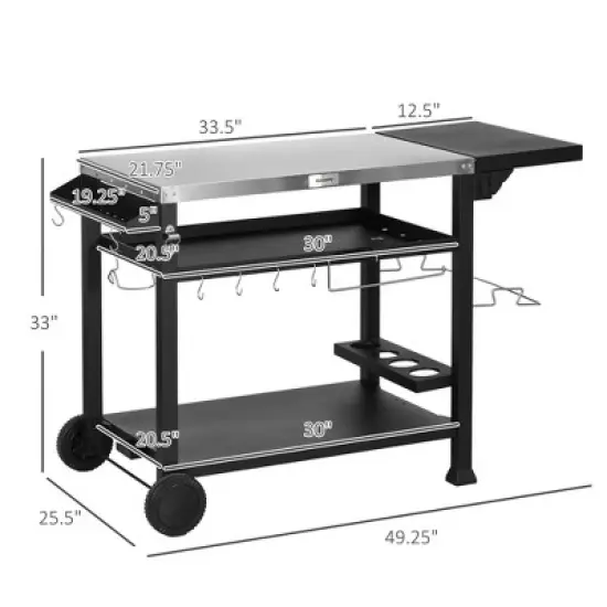 DSANE Outdoor Grill Cart with Foldable Side Table,Stainless Steel Pizza Oven Stand with Three-Shelf, Movable Food Prep Table on Wheels, Black image {2}