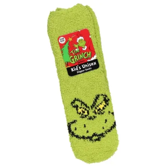 Dr. Seuss The Grinch Socks Kids Grinch Face Plush Slipper Socks w/ No-Slip Sole Green image {3}