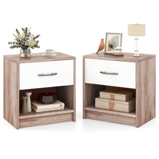 Tangkula 2 PCS Nightstand w/ Drawer Side Table w/ Slide-out Drawer Open Storage Shelf image {14}