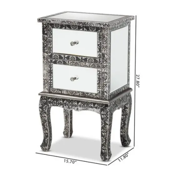 Wycliff Metal and Mirrored Glass 2 Drawer Nightstand Dark Gray/Silver - Baxton Studio image {8}