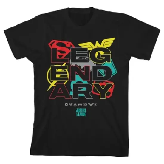 Bioworld The Justice League Legendary Hero Logos Black Graphic Tee Toddler Boy to Youth Boy image {3}