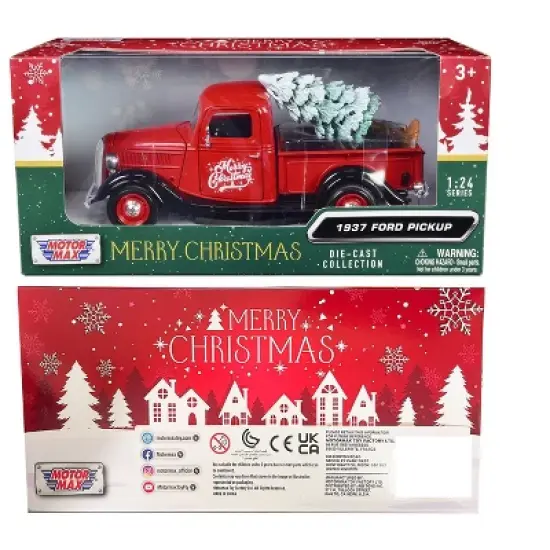 1937 Ford Pickup Truck Red and Black "Merry Christmas" with Tree Accessory 1/24 Diecast Model Car by Motormax image {2}