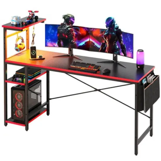 Bestier Reversible 63 inch Gaming Desk, LED Computer Desk with  Storage Bag & 4 Tier Shelves, Black image {7}