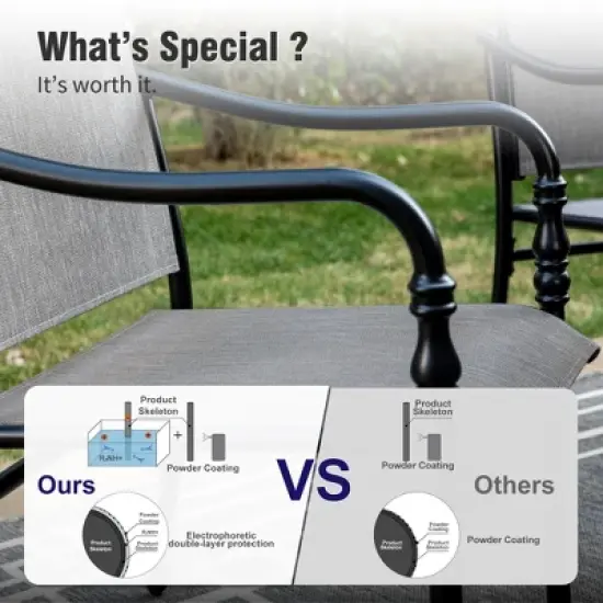 Captiva Designs 9pc Spacious Slat-top Rectangle Metal Table with Umbrella Hole & Fixed Steel Chairs with Gourd Head Armrests image {8}