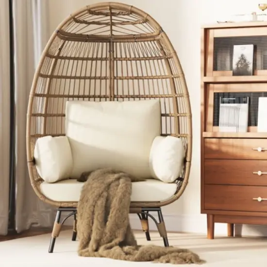 Egg Chair, Wicker Egg Chair with Plush Cushion, Steel Frame and Metal Base, Lounge Chair for Indoor & Outdoor Patio, Living Room, and Backyard image {8}