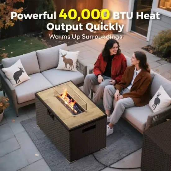 Evita 31.5" Rectangle Outdoor Fire Pit Table with 40,000 BTU Output with Windshield, Glass Stones, Waterproof Cover image {2}