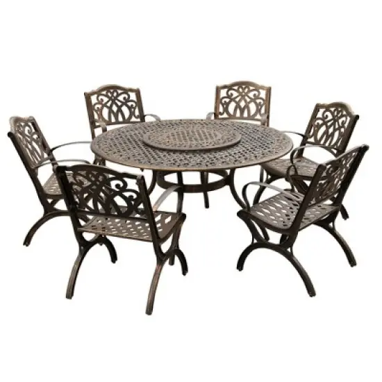 7pc Patio Dining Set with 59" Modern Ornate Outdoor Mesh Aluminum Round Patio Dining Set with Lazy Susan - Bronze - Oakland Living image {5}