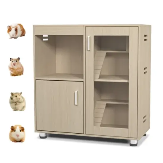 DSVIMOY Guinea Pig Cages,4-Tier Hamster Cage Wood with Storage Cabinet for Rat Chinchilla, Openable Top, Teak, 31.5"*15.75"*33.5" image {5}