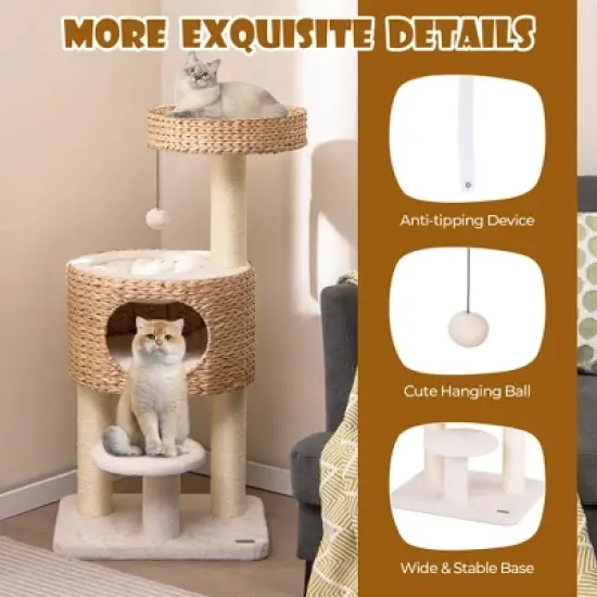 Tangkula Modern Cat Tree w/Top Perch Cattail Fluff Condo Cozy Nest Sisal Scratching Posts image {6}