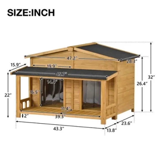 Whisen All-Weather Large Dog House & Dog Kennel with Asphalt Roof, Porch, Waterproof Door Curtain, Dual Openings - Natural image {6}