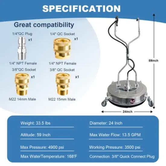 24-Inch Stainless Steel Pressure Washer Surface Cleaner, 4900 PSI, Heavy Duty 4-Wheel Driveway & Concrete Cleaner Attachment image {1}